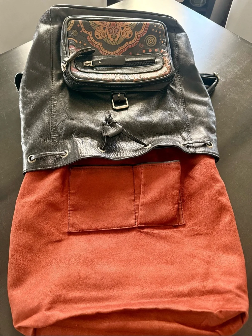 Hand made Black Leather Floral-Print Backpack Purse